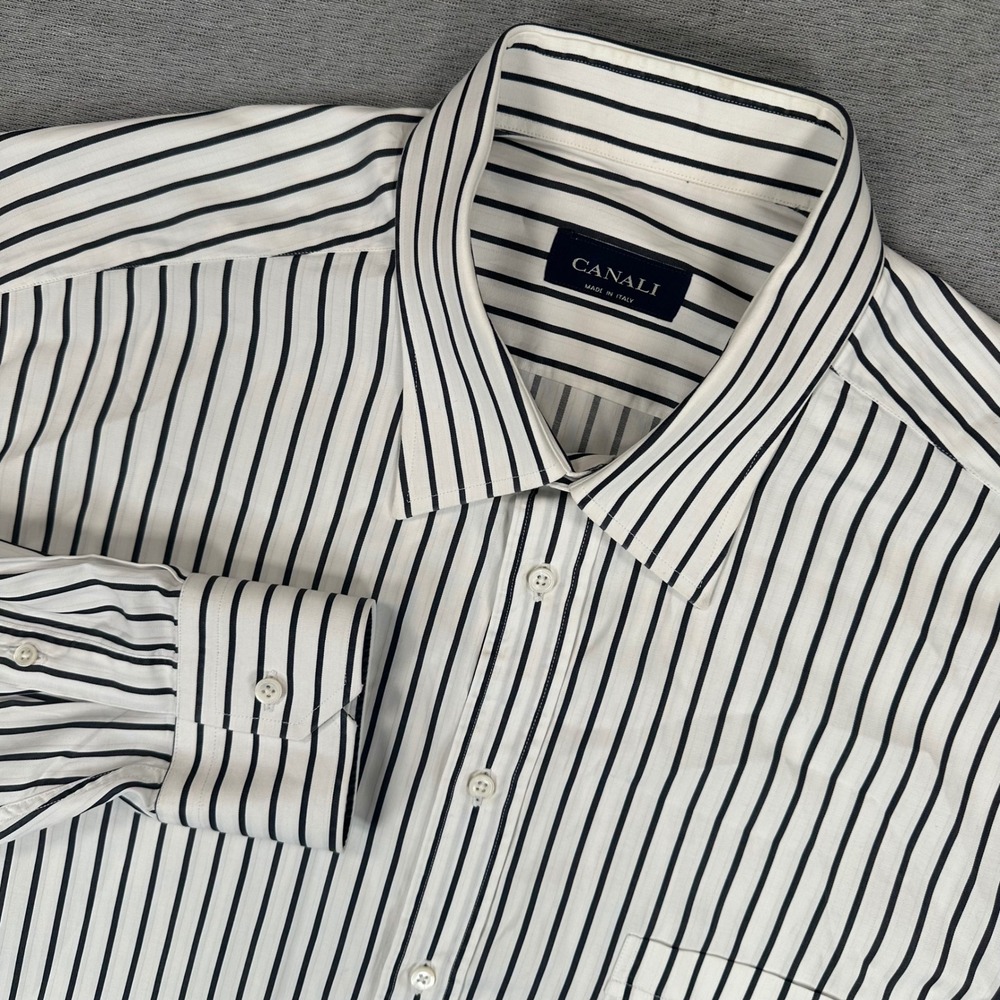 Canali Dress Shirt Mens 3XL XXXL Black White Striped Cotton Long Sleeve Italy